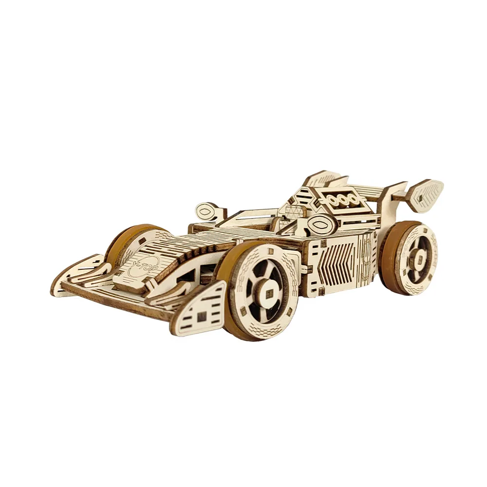 Wooden F1 Race Cars Mechanical Puzzle 3d Assemble Building Block Model Kit Driver By Rubber Band Moveable for Teen DIY Formula 1