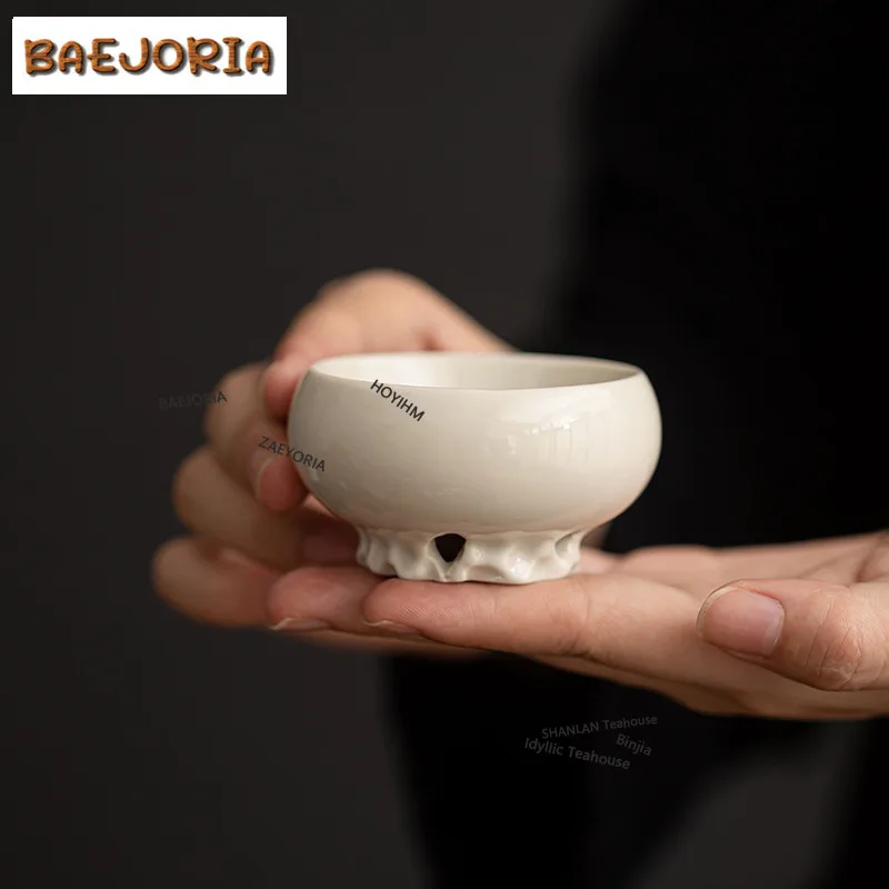 BAEJORIA Retro Grass Ash Ceramic Tea Cup Lake Stone Base Single Master Cup Tasting Tea Small Bowl Meditation Cup Household Gifts