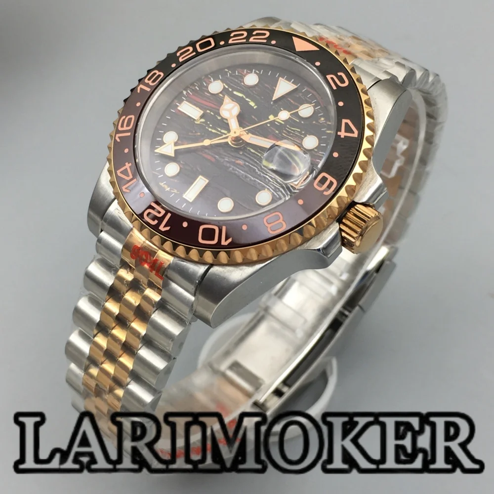 LARIMOKER 41mm Two-tone Rose Gold Men's automatic Diving watch luminous dial sapphire glass GMT NH34 Date window ceramic bezel