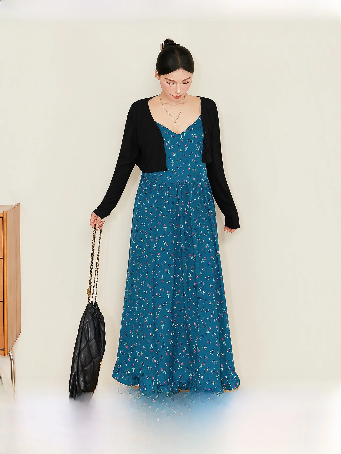 

Floral Print Maxi Dress Women Summer plus Size Two Piece Set Long Sleeve V Neck a Line Skirt Casual Commute High Waist