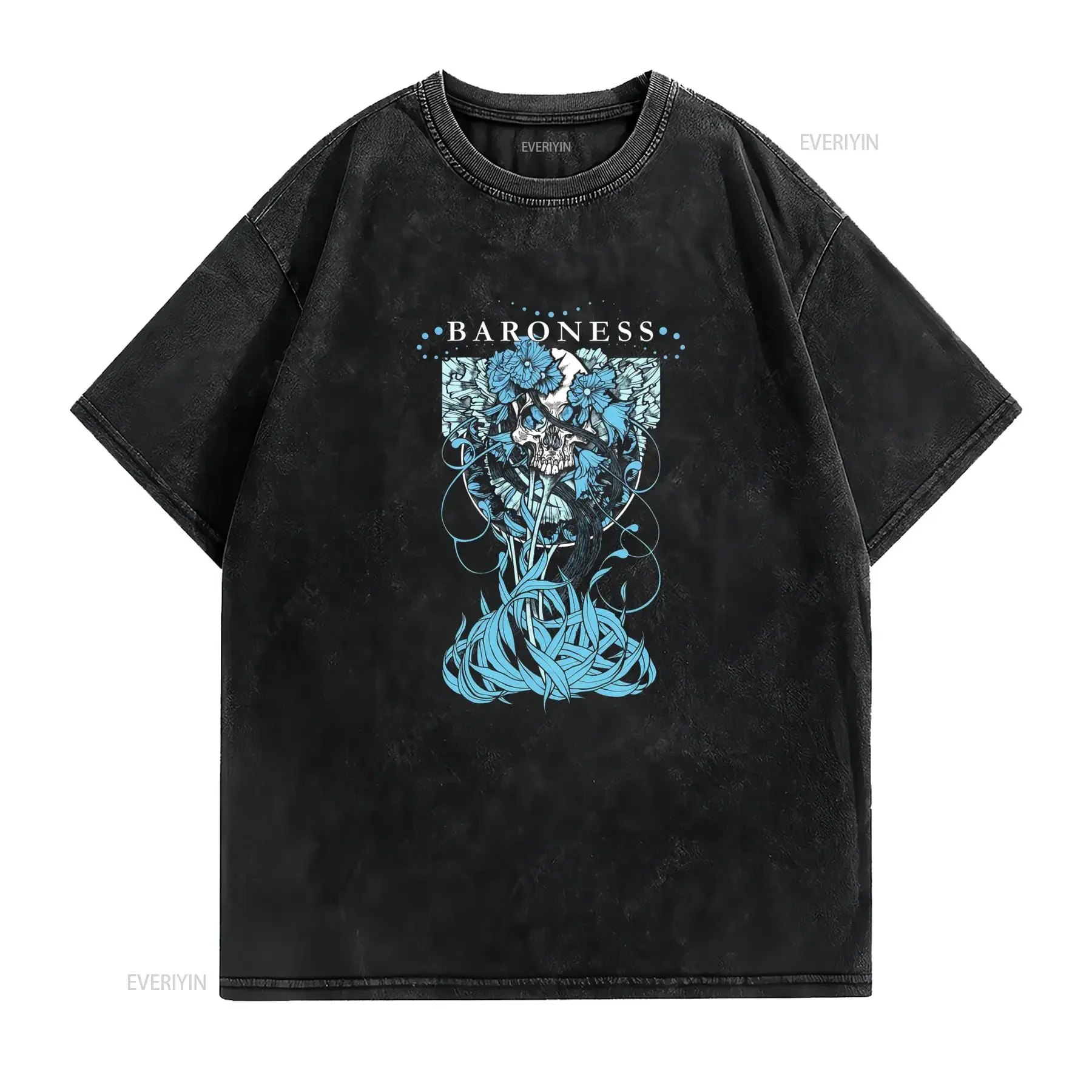 Gothic Skull Blue Floral Baroness Print Casual Streetwear T Shirt vintage Washed fashion Stylish Stretched Unisex