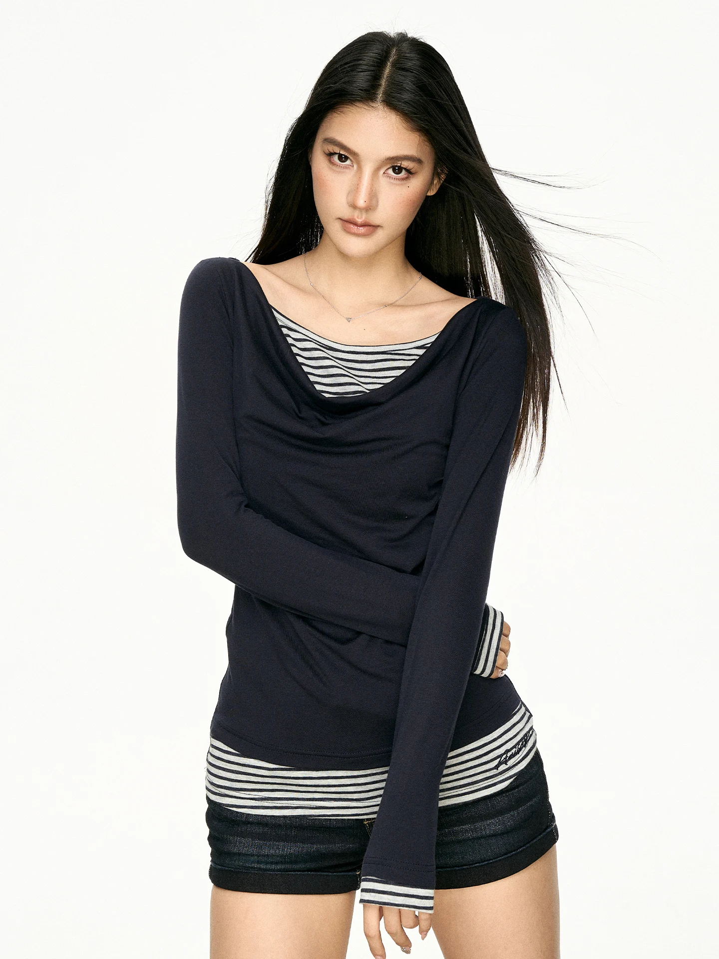 Aaisup American Hot Girl Style Long Sleeve T-Shirt Women's Base Layer Shirt Spring New Striped Splicing Slim Fit Top