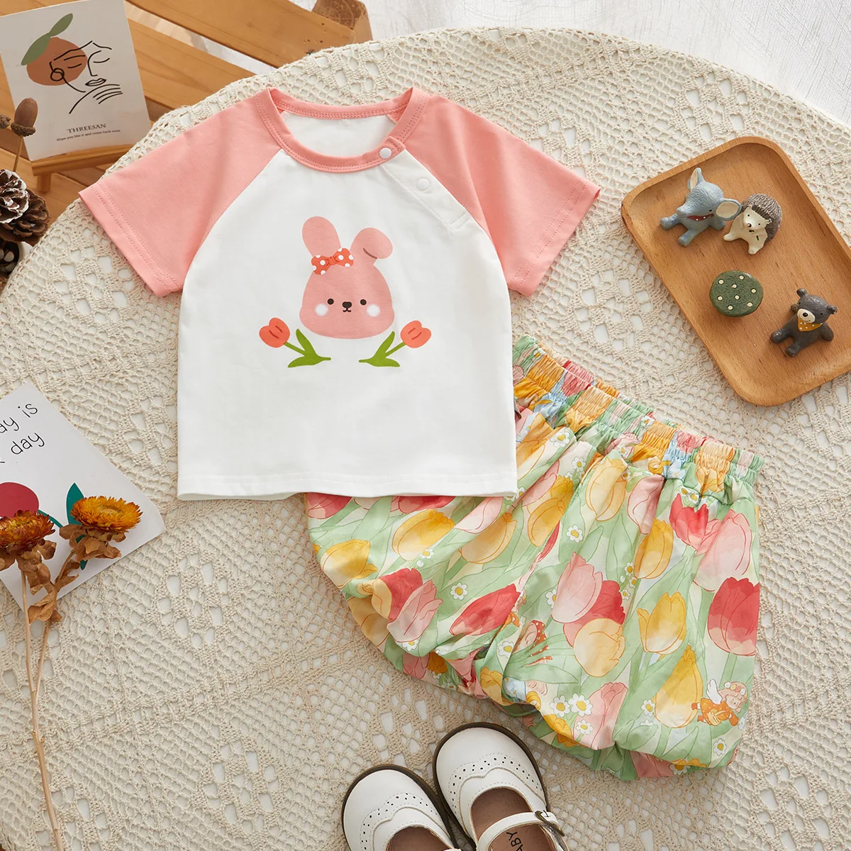 Childrens Suit Summer Girl Two Piece Butterfly Bunny Tshirt  and Shorts 2024