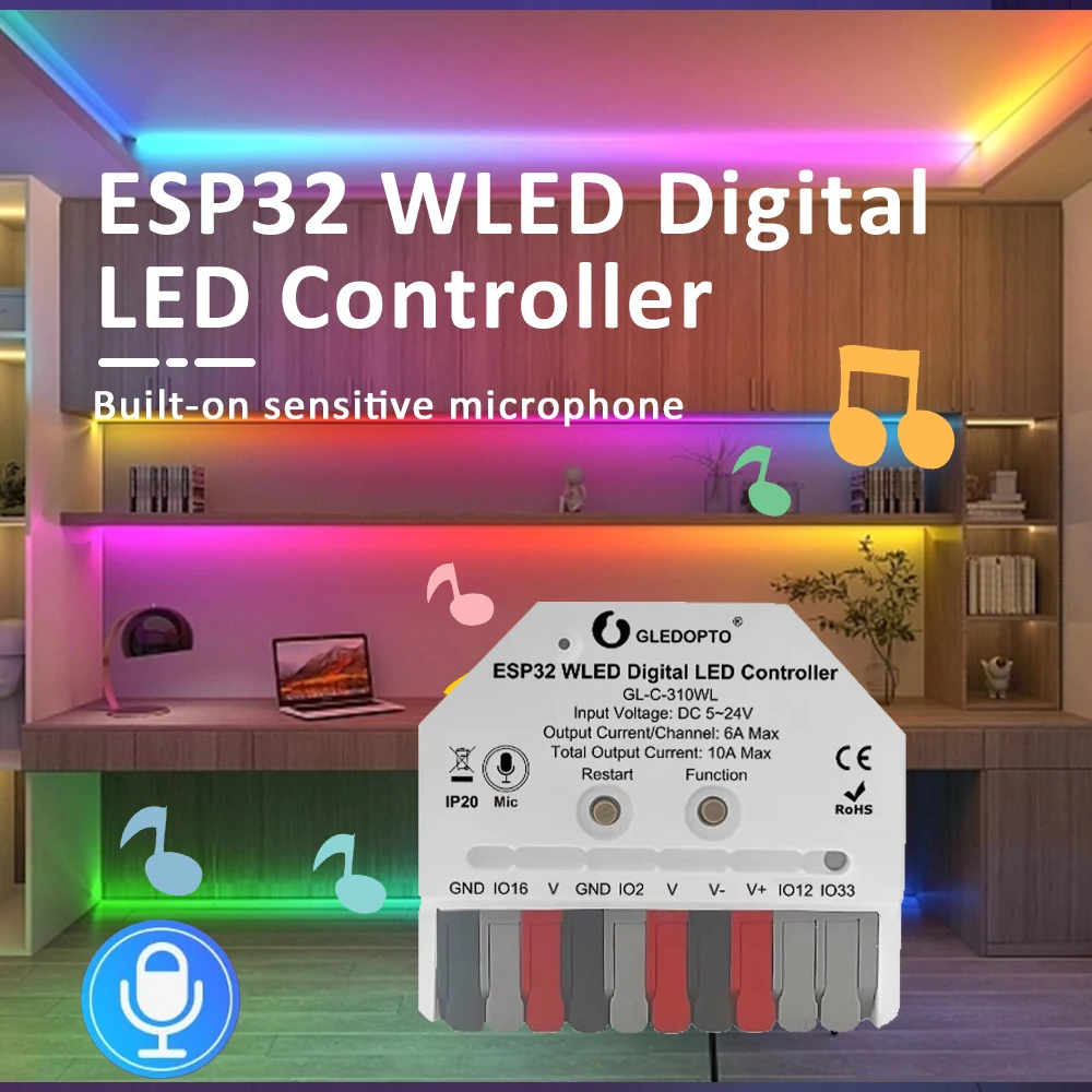 

GLEDOPTO ESP32 Mini WLED Controller WLED 310WL 309WL DIY Music Dynamic RGB Lighting for WS2811 WS2812 SK6812 TM1814 Strips