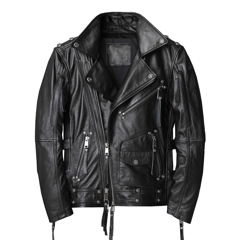 Men's Black Genuine Cowhide Pebbled Grain Diagonal Zip Heavy-Duty Perfecto Cropped Moto Jacket with Multi-Snap & Multi-Zipper