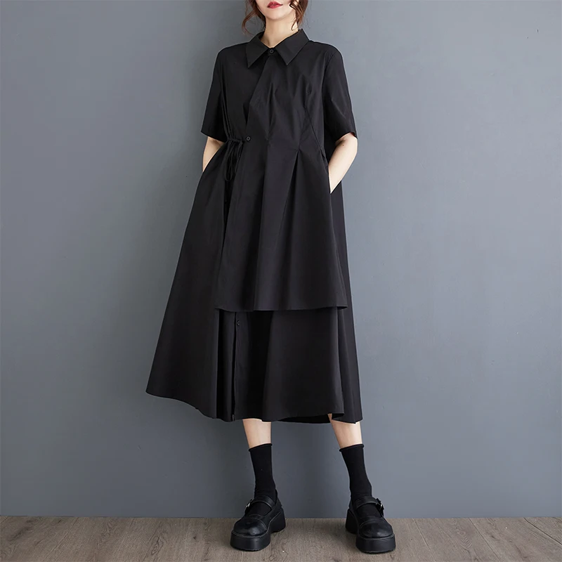 Black Summer Korean Loose Large Size Patchwork Casual Commute Sweet Short Sleeve Dress Long Skirt Cotton Blend A-Line Gown