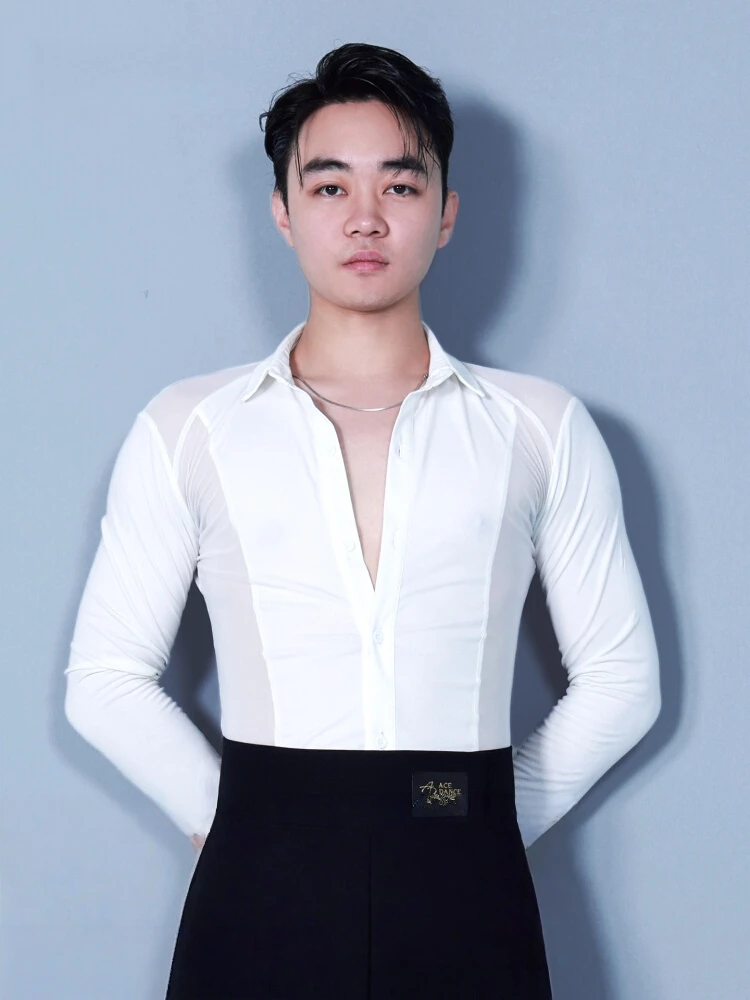 

Latin Dance Dress Shirt For Men Black Tango Top Line Dance Long Sleeves Tops White Samba Competition Costumes Male Dance Wear