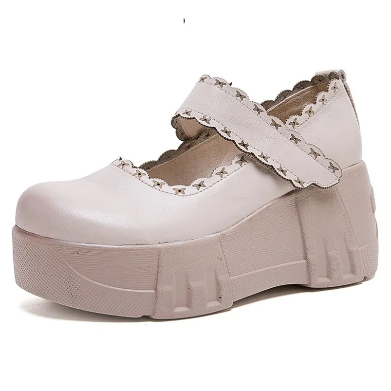 

Fujin 7cm Mary Jane Shoes Luxury Hook Women Ladies Summer Round Toe Platform Wedge Flats Ethnic Cow Genuine Leather