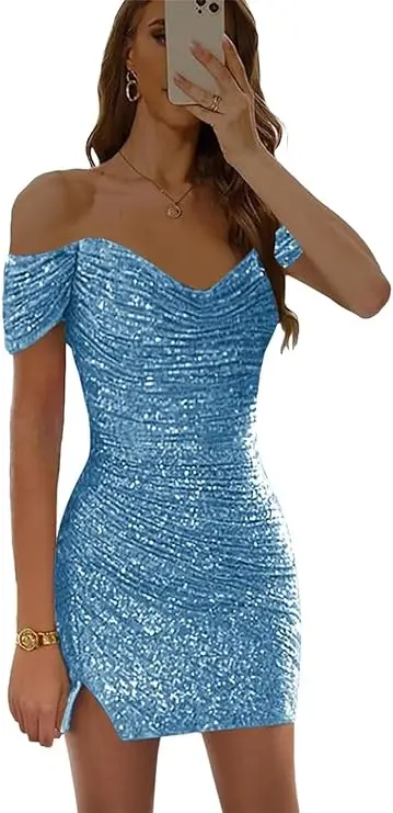 

Sparkling Short Evening Dress Off Shoulder Tight Bag Hip Mini Cocktail Party Dress Glitter Special Event Prom Dress Customized