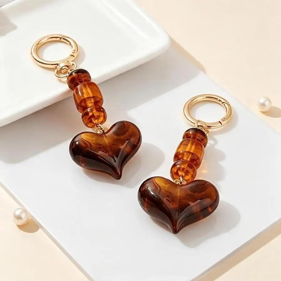 1/5/10/20/50/100pcs /s Vintage Amber Heart Keychain, Brown Turtle-Patterned Pendant with Beads, Keychain with Gold Spring Ring C