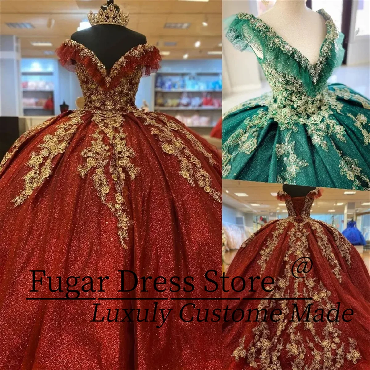 High-end Emerald Green Red Quinceanera Dresses Prom Party Off Shoulder Luxuly Shiny Gold Lace Sweet 16 Dress Party Wear