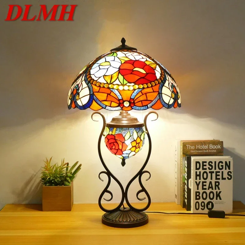 

DLMH Tiffany Table Lamp American Retro Living Room Bedroom Lamp Luxurious Villa Hotel Stained Glass Desk Lamp