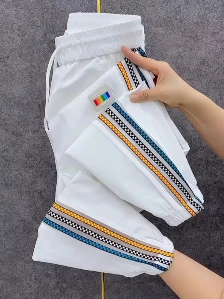

Casual Sports Pants Summer Thin Ice Silk Quick Drying Pant Women's Rainbow Striped Trousers Loose Thin Tide Cropped Pants Female