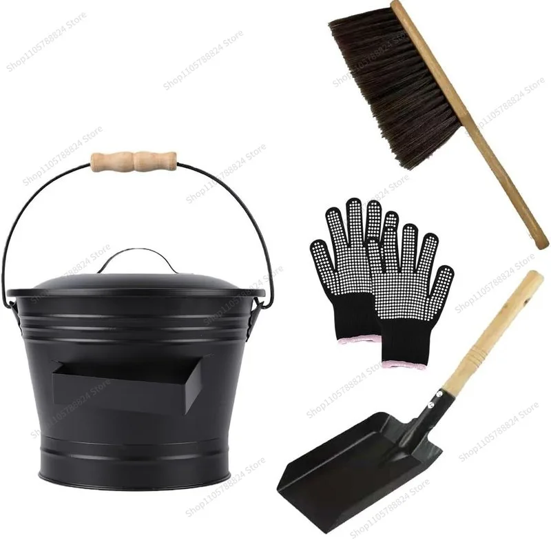 For fireplace ash shovel 4-piece set, ash shovel bucket, brush, shovel, thick gloves fireplace tool set