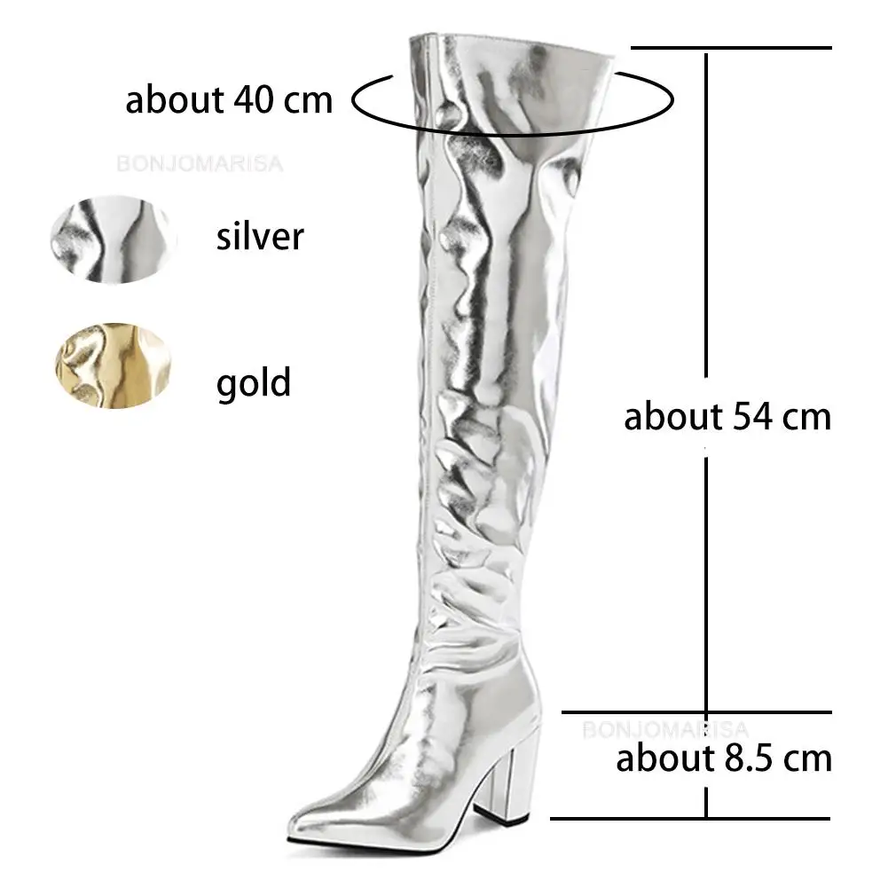 Stivali sopra il ginocchio per le donne moda tacco largo oro argento metallizzato moda Bling stivali scarpe a punta autunno inverno