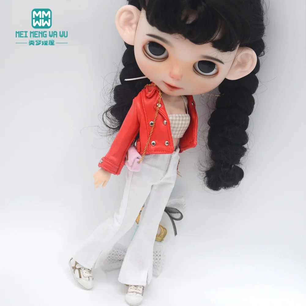 Blyth Puppe Kleidung 28-30cm Azon OB24 Zubehör Mädchen Geschenk Spielzeug Mode Leder Jacke Jeans Ausgestelltes Hosen Rohr top – Detail 30