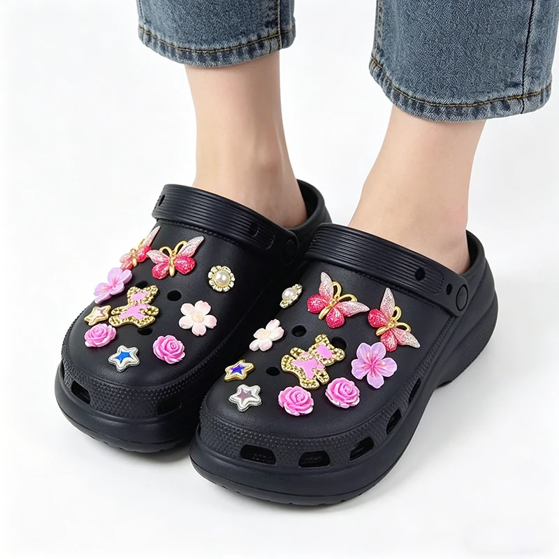 20Pcs Fashion Shoe Charms for Crocs Sandals Clogs DIY Set Accessories Butterfly Pink Series Shoes Buckle Decorations for Women
