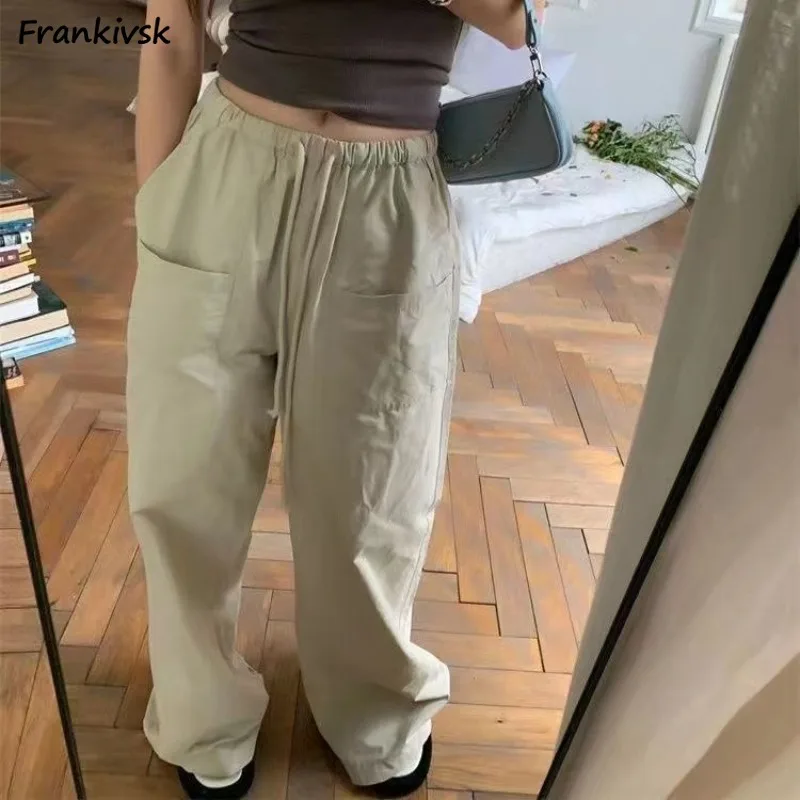 

Versatile Women Cargo Pants Pockets Elastic Waist Sporty Solid Colors Spring Vintage Full-length Commuting Daily American Style