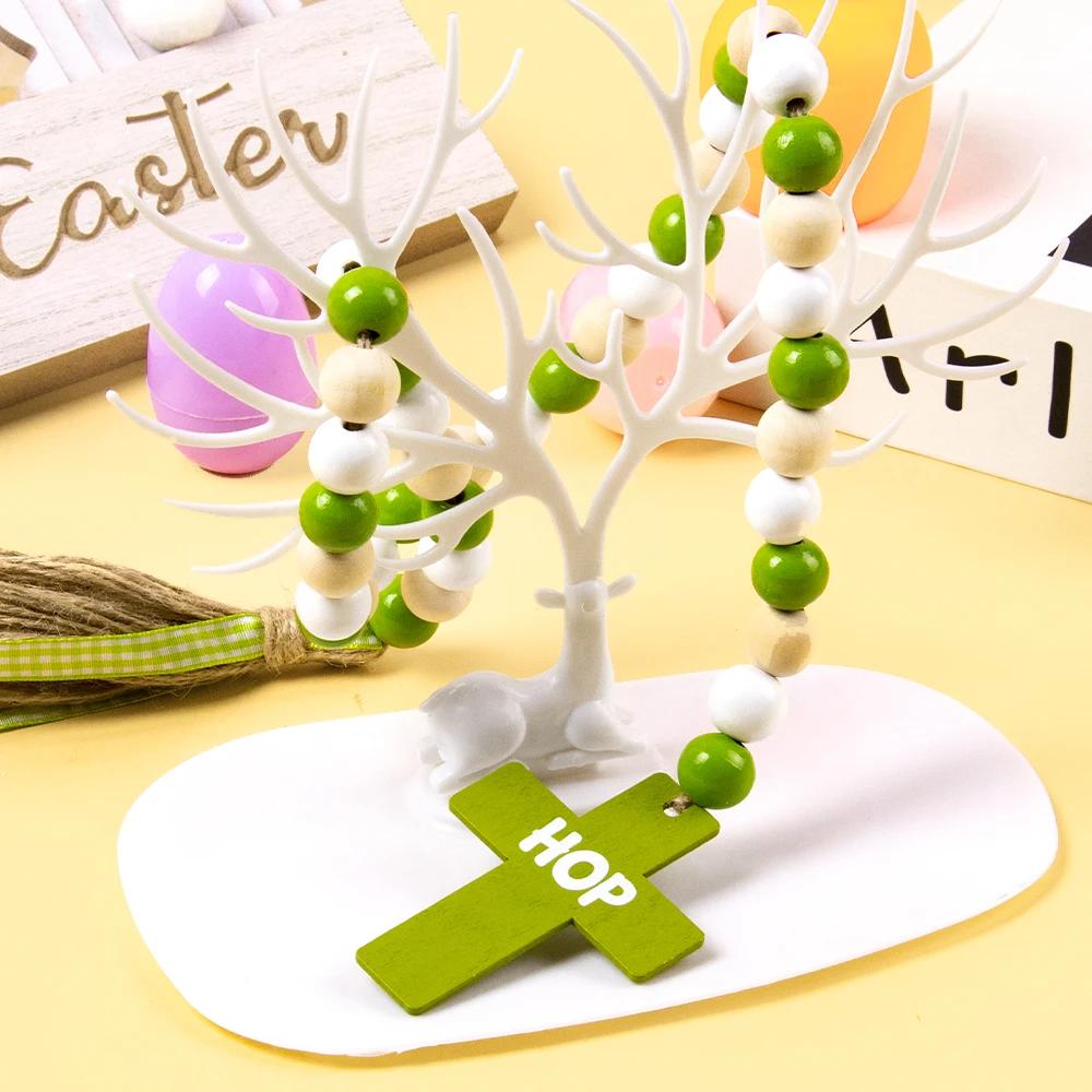 

1pcs 80cm Easter Wood Bead Garland Bunny Rabbit Beads Garland with Tassel Easter Hanging Decorations for Home Room Wall Favors