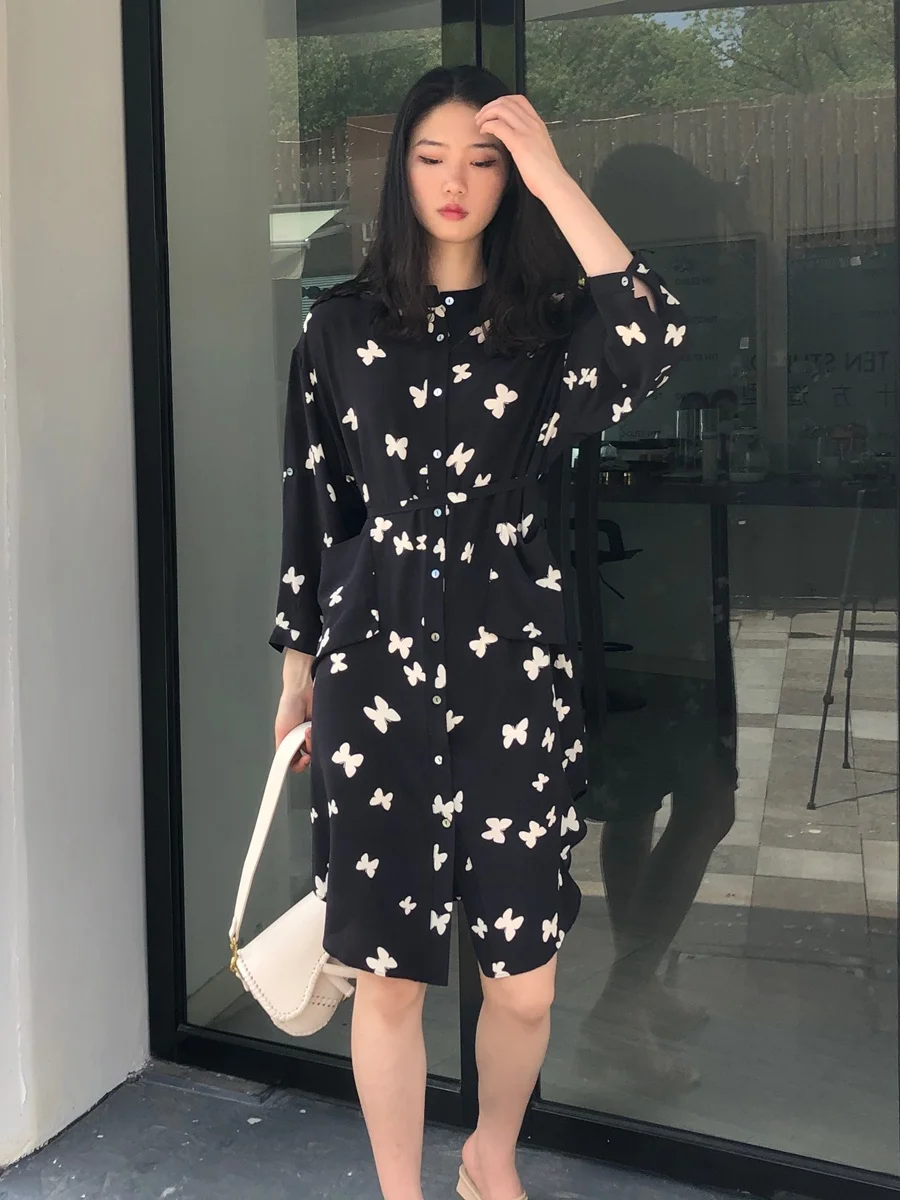 

Spring Summer New Loose Slimming Print Silk Silk Lightweight Maturity Dress Waist Cinching Midi Skirt Women's OL Style