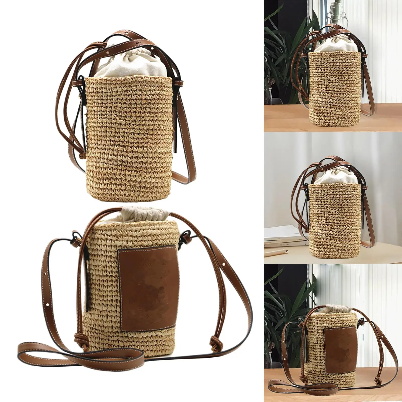 Chic Women Round Straw Handbag Ladies Casual Bags Shoulder Bag Round Barrel Crossbody Bag for Travelling Shopping Holiday Gifts