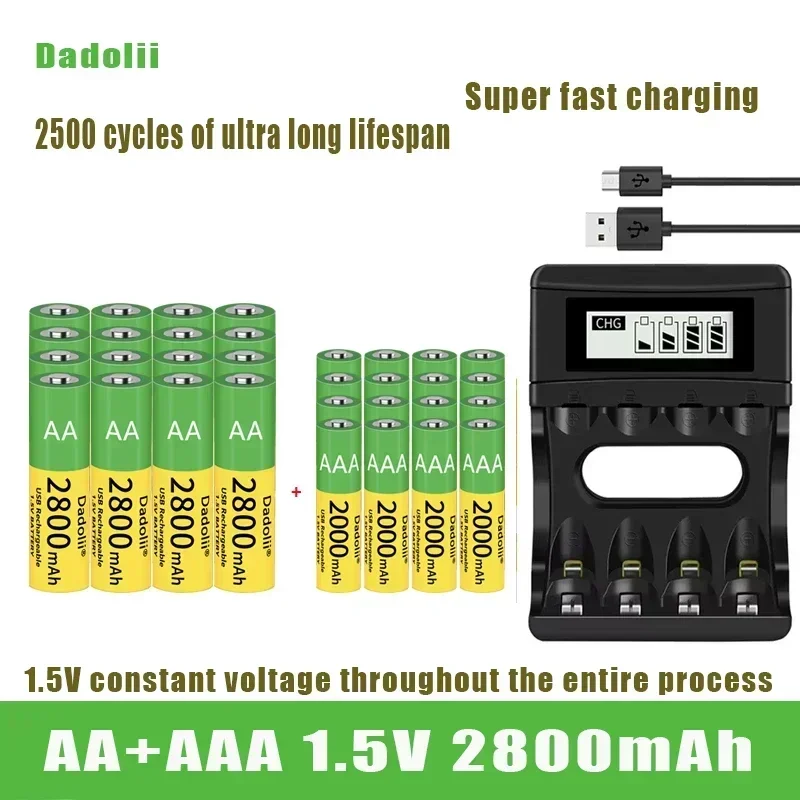 Batteria originale Dadolii AA/AAA Batteria ricaricabile agli ioni di litio ai polimeri di 1,5 V Batteria AA/AAA da 1,5 V con caricatore USB