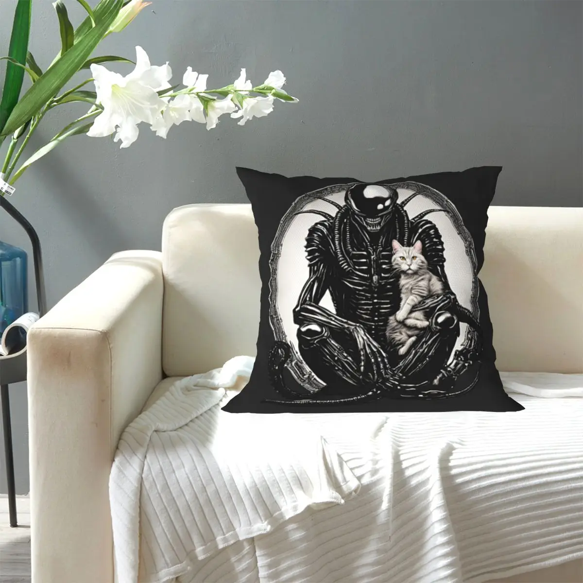 Xenomorph And A Cat Square Pillowcase Pillow Cover Cushion Decor Comfort Throw Pillow for Home Car
