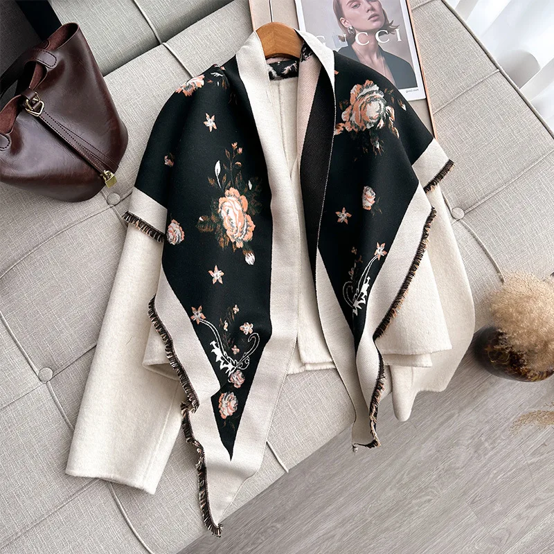 2024 Autumn/Winter New Women\'s Scarf Elegant and Fashionable Imitation Cashmere Triangle Scarf Rose Printed Thickened Warm Shawl