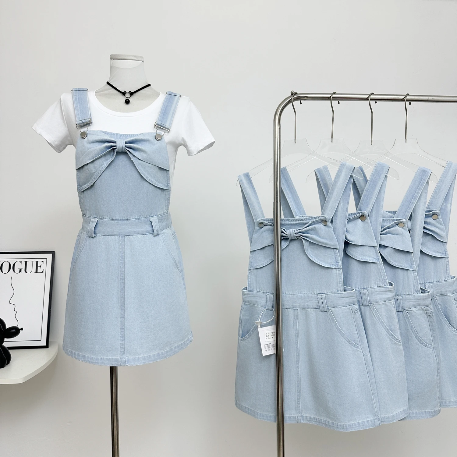 

Hmsevenjz Denim Bow Suspender Skirt for Women's Summer Washed Light Blue Denim Suspender Skirt Fashion Female Clothes