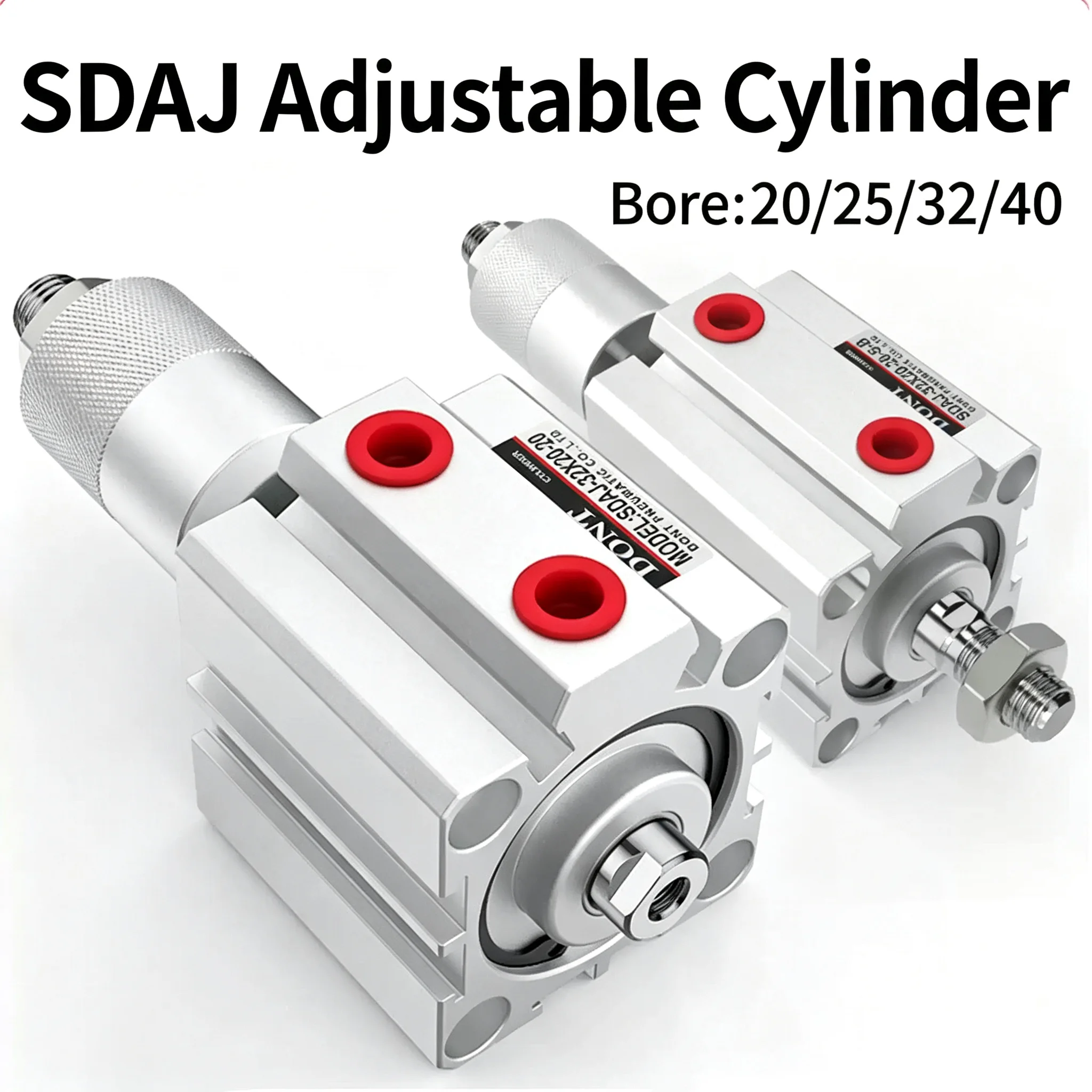 SDAJ20/25/32/40/50/63/80/100 Double Acting Piston Aluminum Alloy Adjustable Stroke Compact Thin Air Pneumatic Cylinder