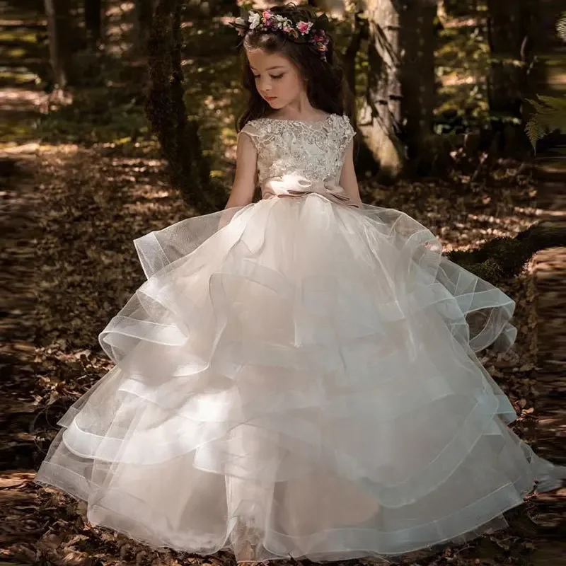 Guxqd-Vestido de Baile Infantil em Renda, Vestidos de Princesa, Organza, Casamento, Birthday Party, Baby, Flower Girl