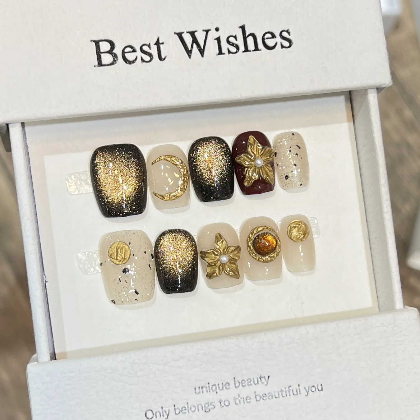 10 قطعة لطيف قصير مربع مستدير اليدوية يمكن ارتداؤها اضغط على الأظافر كاذبة عيون القط الماس الذهبي الإغاثة غطاء كامل مسمار فتاة هدية #6