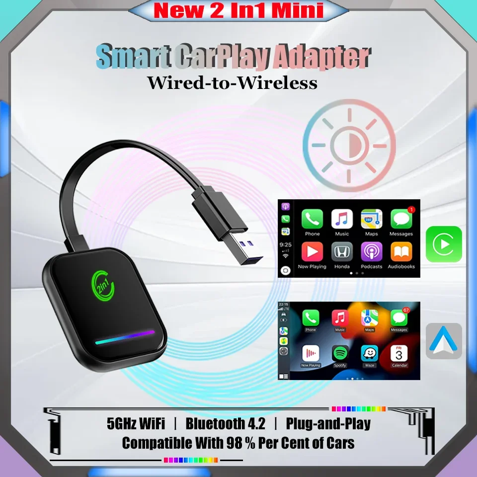 

New Wired to Wireless Carplay Box Apple CarPlay and Android Auto2 in1 Mini Smart Adapter 5G Wifi Plug and Play Fits 98% of Cars