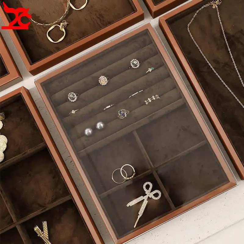 Brown Leather Jewelry Tray with Velvet Inside Watch Stand Necklace Ring Bracelet Storage Organizer Tray Earring Brooch Holder