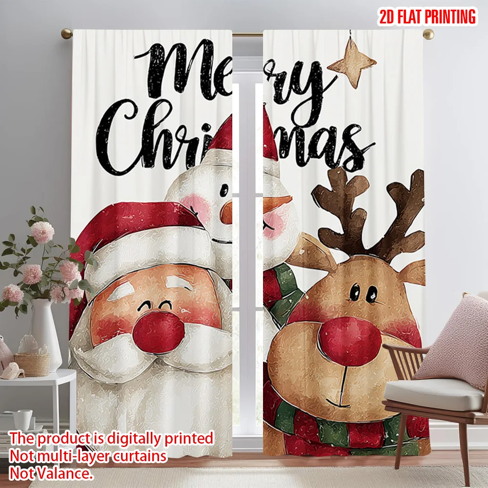 2pcs,2D plane printing Window Curtain Santa_ Snowman and Reindeer Polyester Fabric (without rod) Room Decor Ldeal for Bedroom,