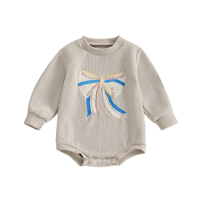 Baby Girls Spring Autumn Romper Long Sleeve O Neck Baseball Bow Embroidery Sweatshirt Romper