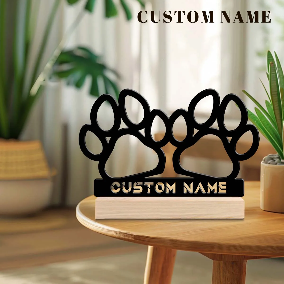 1Pc Csutom Name Cute Dog Paw Wooden Base Metal Art Ornament,Home Office Hotel Cafe Club Decor,Ideal Gift for Family Friends