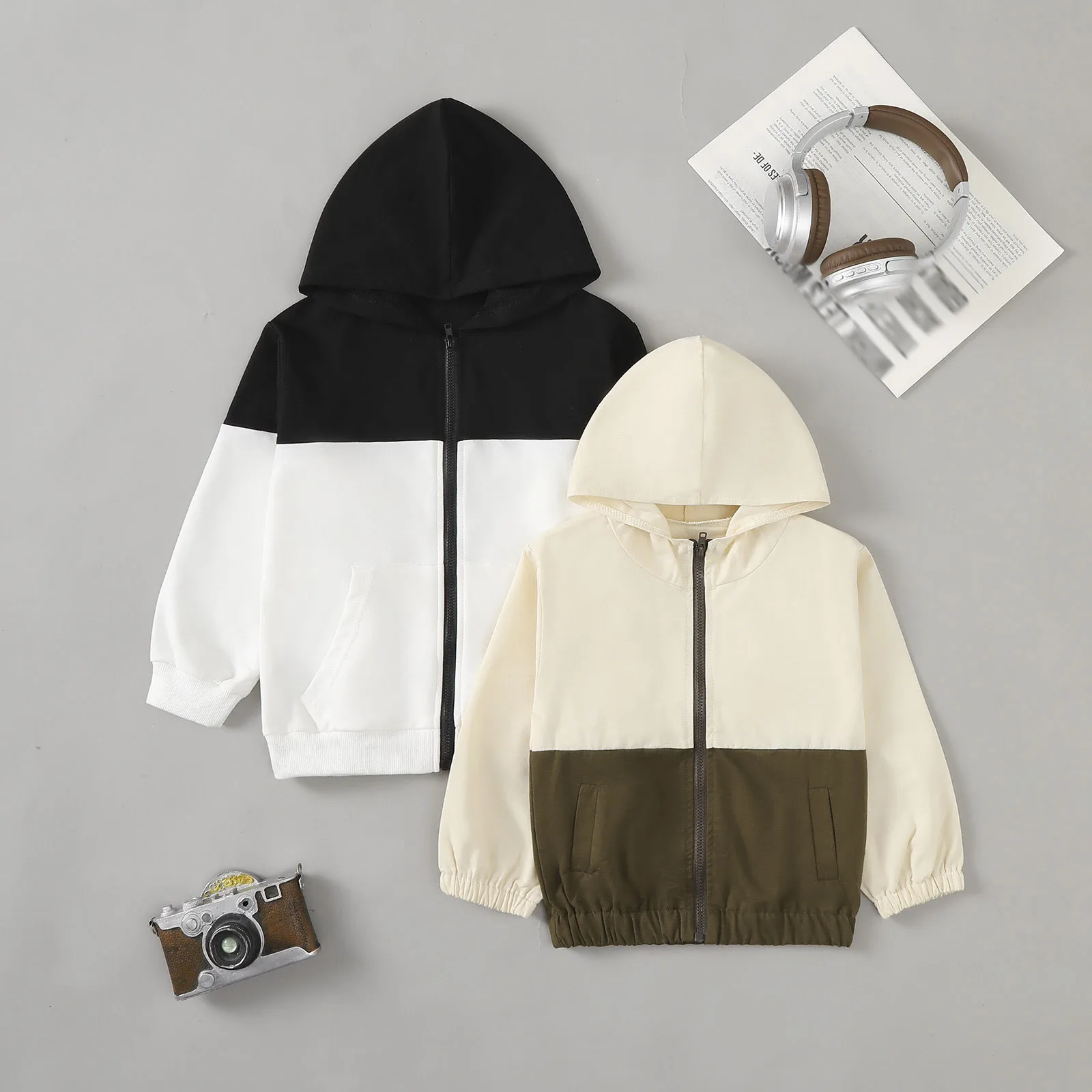 

2pc Boys Hooded Sweatshirt Jacket Comfortable Warm Fashion Casual Zip Up Color Blocked Hoodies Jacket Children's Clothing