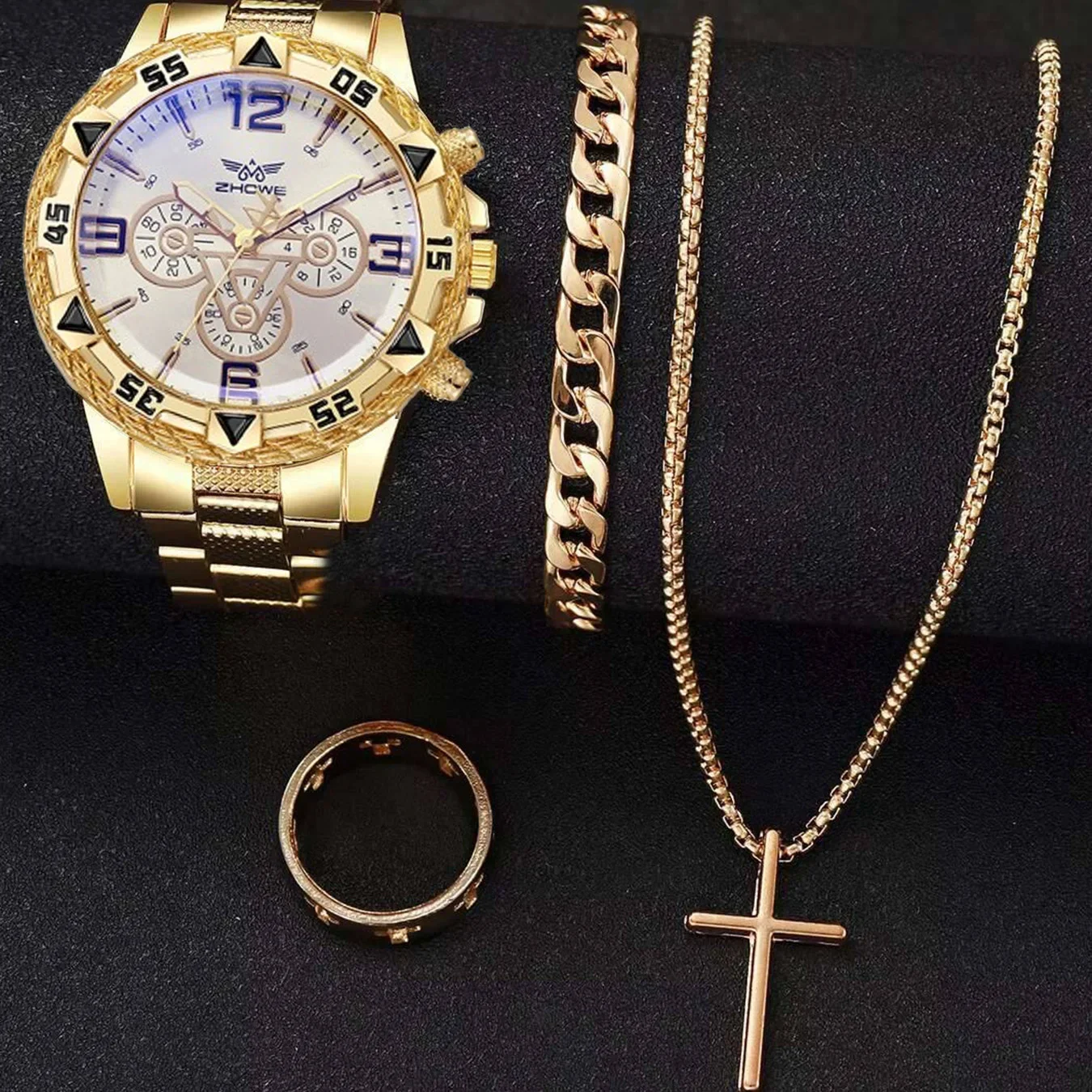 4pcs-moda masculina relógios de negócios calendário de luxo relógio de quartzo para homens relógio conjunto de jóias (sem caixa)