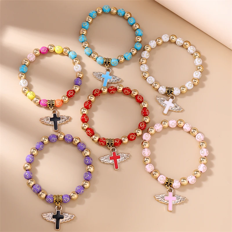 Modisches handgefertigtes Armband mit bunten Perlen für Damen, Kreuzanhänger-Armband, Freundschaftsschmuck, Geschenke für Mädchen – Detail 1