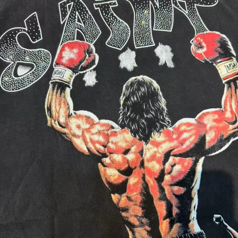 SAINT Boxer Graphic T-Shirt for Men Vintage 90s Streetwear Retro Washed Heavy Cotton Tee Oversized Casual Top Y2K Hip Hop Style