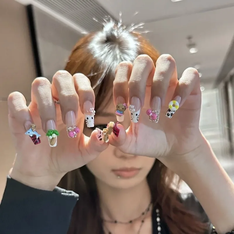

10pcs Kawaii Hello Kitty Anime Sanrio Summer Ins Sweet Cool Nail Art Patches Cute Cartoon Handmade Nail Art Wear Gifts Toys