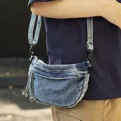 Harajuku Retro Style Students Canvas Hobos High Quality Soft Ladies Shoulder Bags Women Solid Color Denim Crossbody Bag