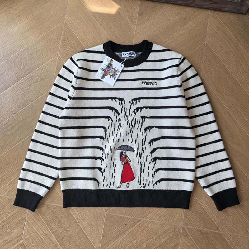 High Street Trend Quality Cartoon Character Print Striped House of Errors  Sweater Winter Warm Pullover Knitted Sweater