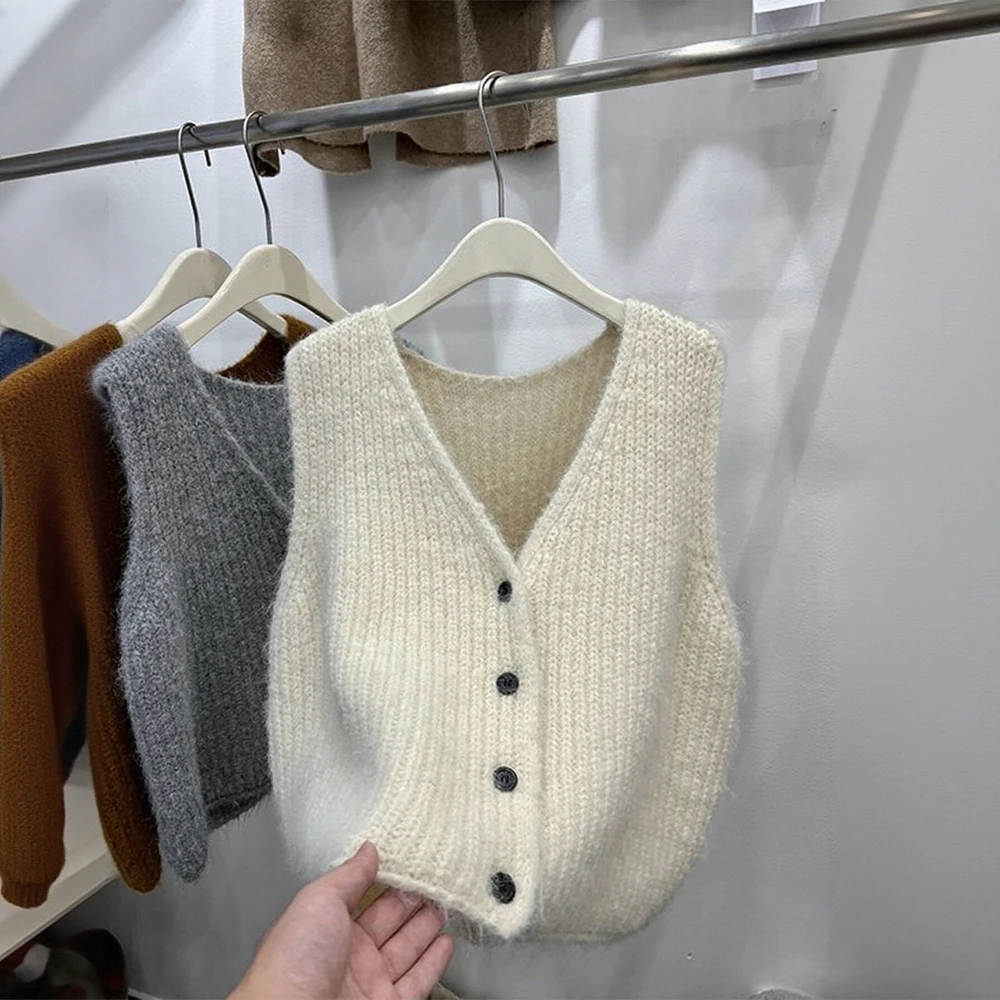

Женский осенне-зимний однотонный свитер без рукавов с v-образным вырезом и пуговицами спереди, простой повседневный модный топ