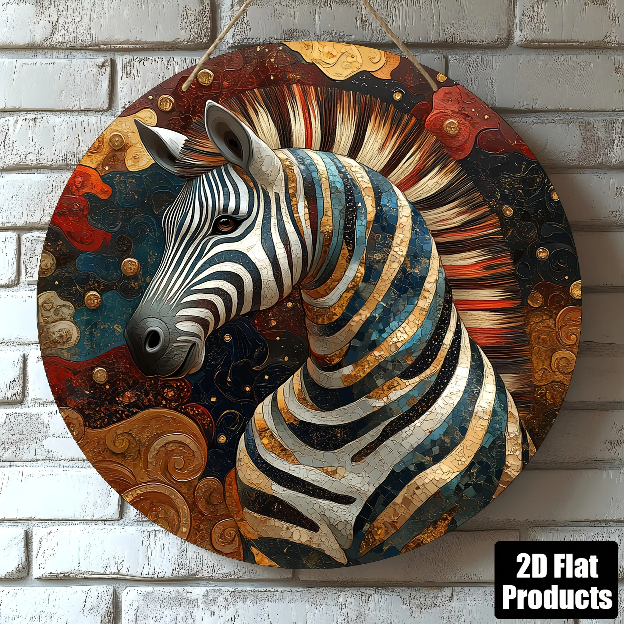 2D Flat - Vintage Zebra-Themed Round Wooden Wall Art Sign, 8x8 Inch – Colorful Swirl Patterns & Striped Design, Perfect for Home