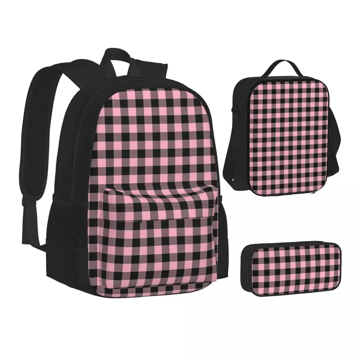 Light Pink Lumberjack Plaid Print Backpack Boy Girl Bookbag Children School Bags Kids Rucksack Lunch Bag Pen Bag Three-Piece Set