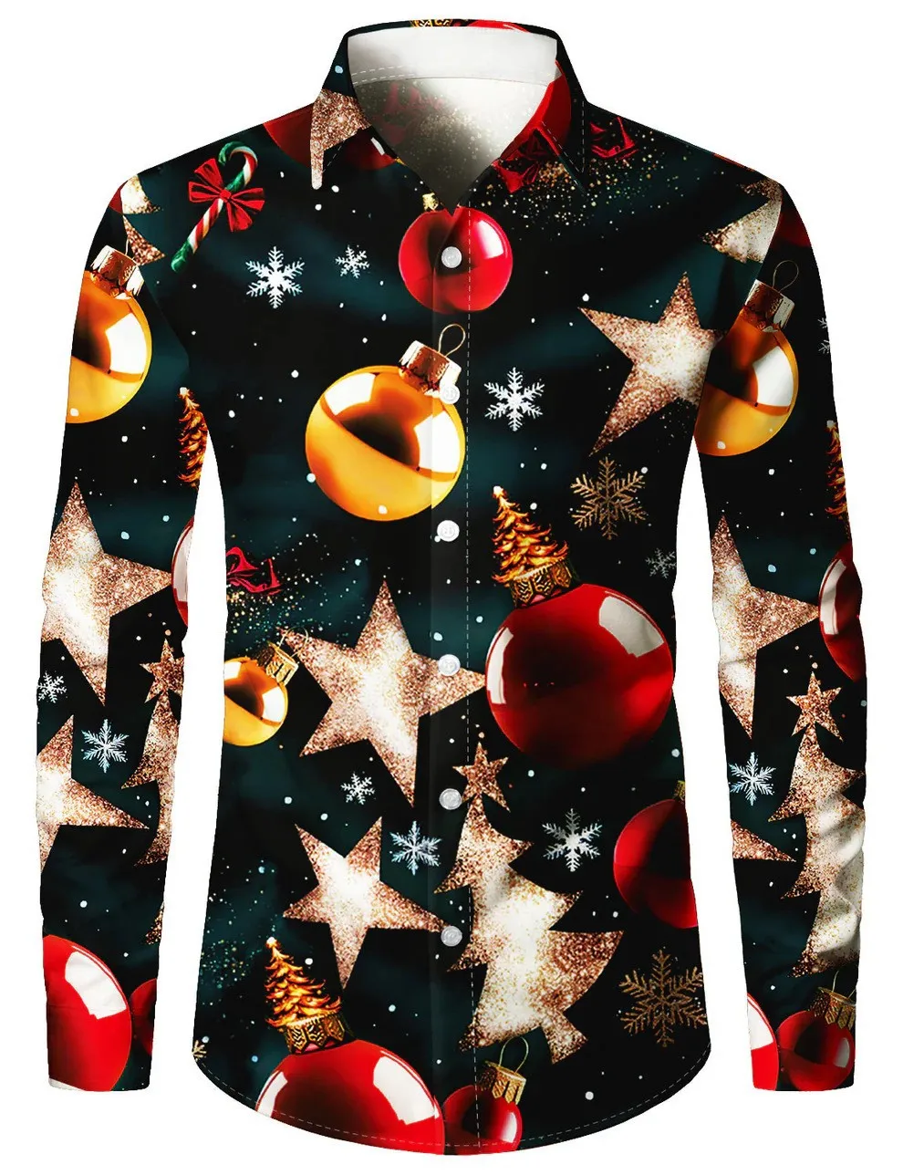 2025 Novo modelo de impressão 3D Papai Noel padrão outono inverno colar moda manga longa confortável botão camisa masculina