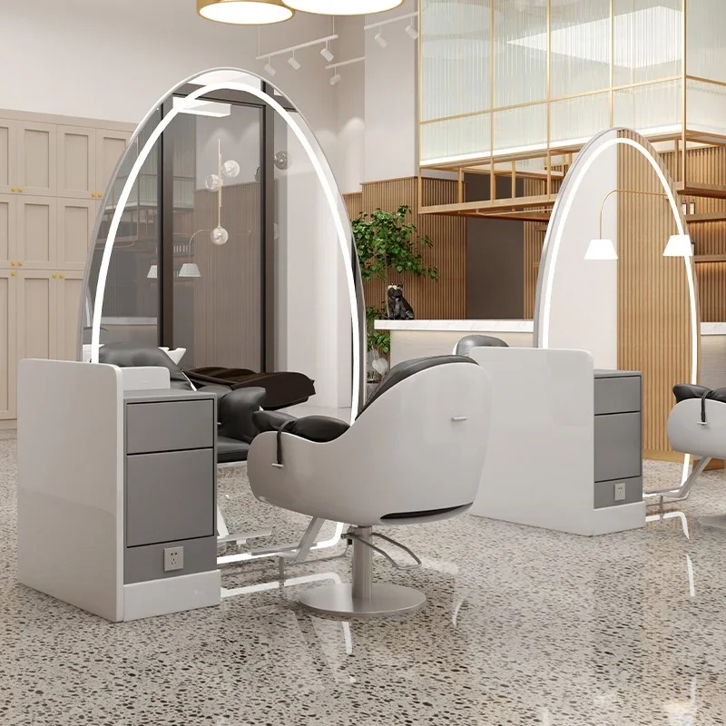 Barber Shop Mirror Table With Lamp Cabinet Integrated Floor Mirror Hair Salon Special Hairdressing Single-sided Double-sided