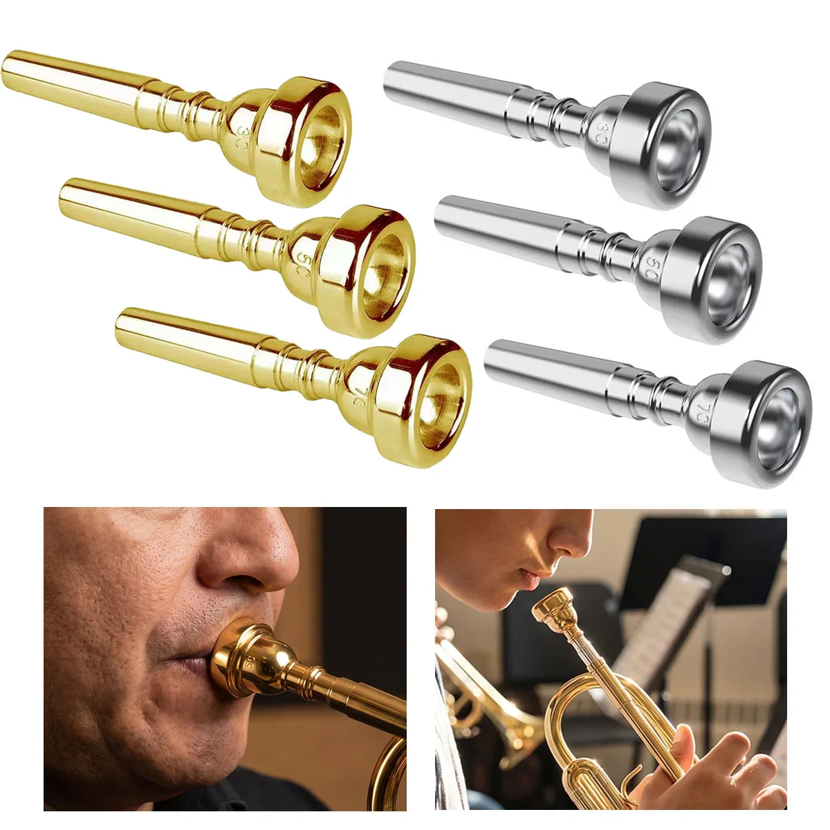 Miwayer 3C/5C/7C Brass Trumpet Mouthpiece – Gold Lacquer or Silver Finish, Standard Cup Depth, Comfortable Edge, for Practice